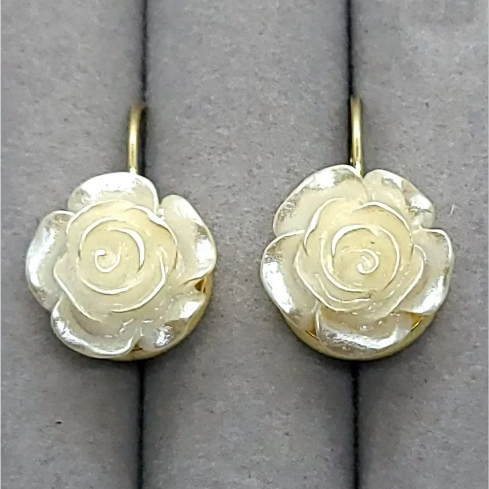 Ivory Camellia Rose Flower Earrings Gold Leverback Bridal Wedding Romantic Glam